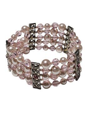 Vintage Faux Pink Pearl Beaded Stretch Bracelet Crystal Silver Tone Accents